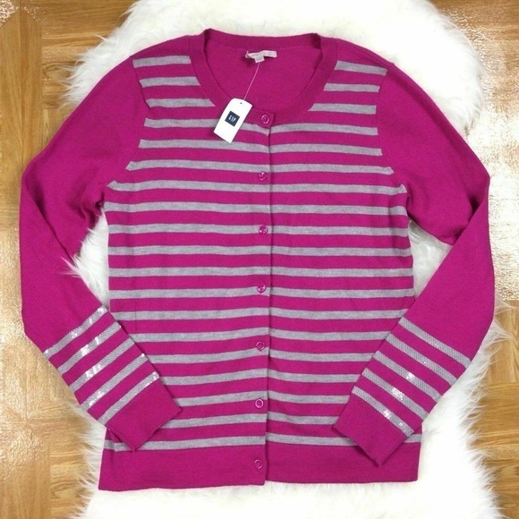 NEW Gap Striped Wool Cardigan Sweater Sequin Medium Purple - Picture 2 of 7